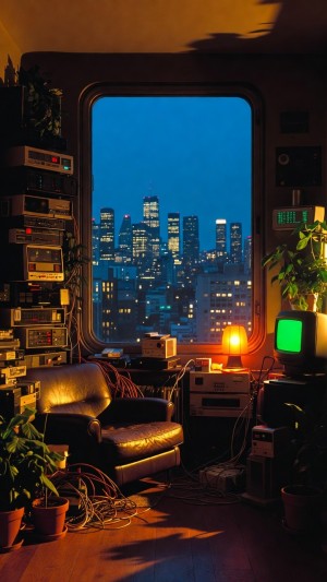 Warm hacker sanctuary overlooking a neon blue skyline