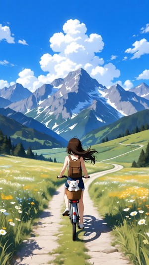 Anime girl cycling with puppy through a vibrant mountain meadow