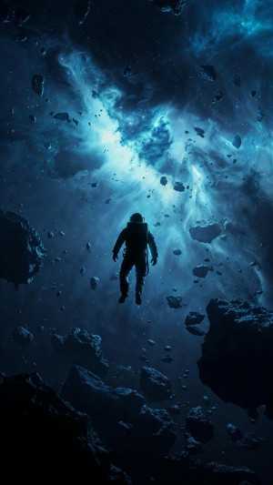 Astronaut drifting through a vast blue cosmic nebula
